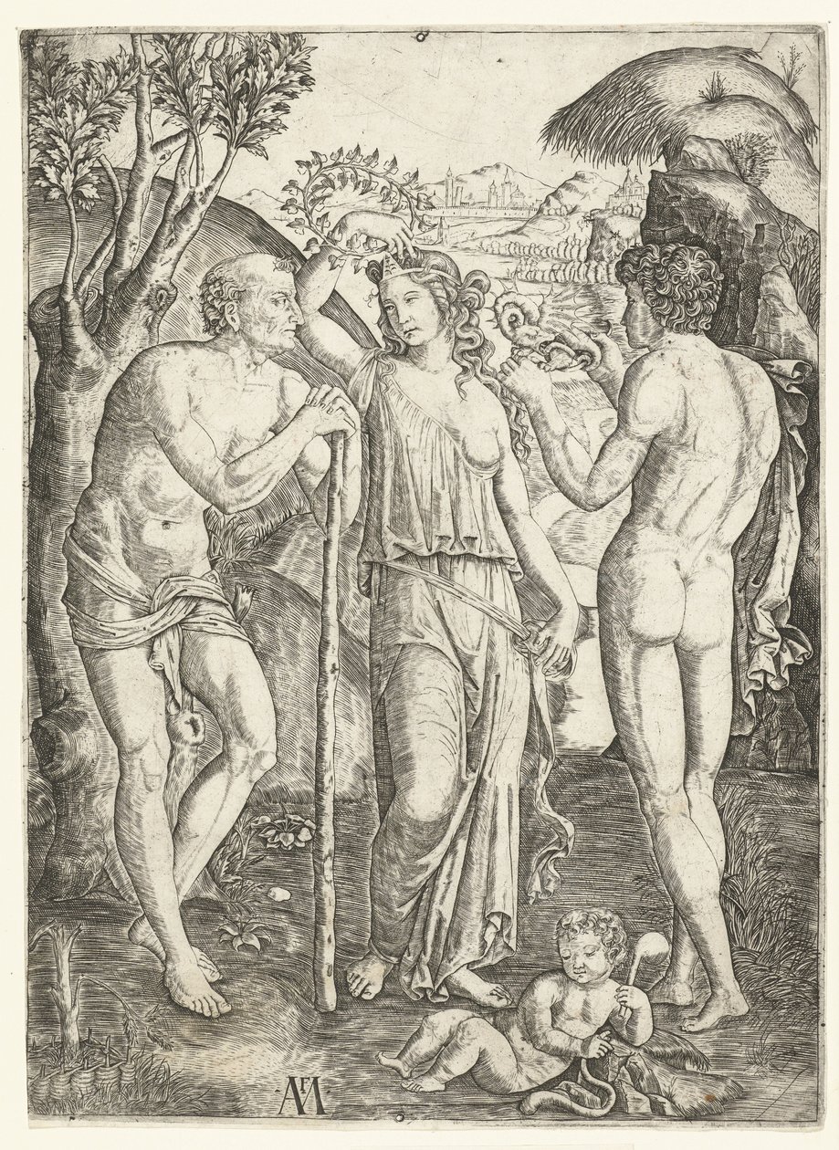 Ung kvinna med krans av löv som står mellan gammal man lutad på pinne och ung man med drake och barn av Marcantonio Raimondi