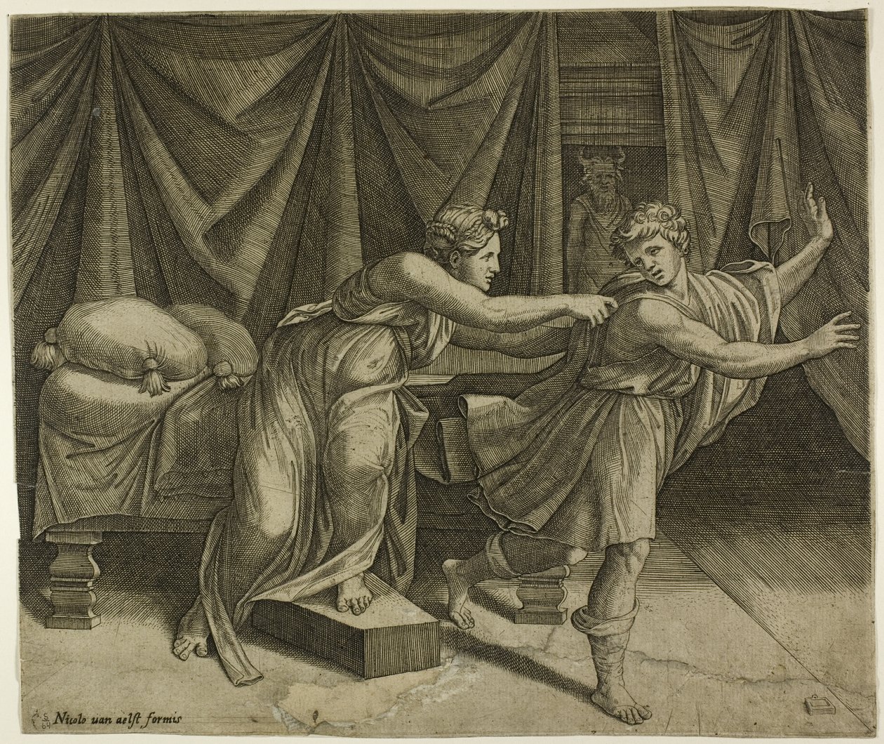 Josef och Potiphers hustru av Marcantonio Raimondi