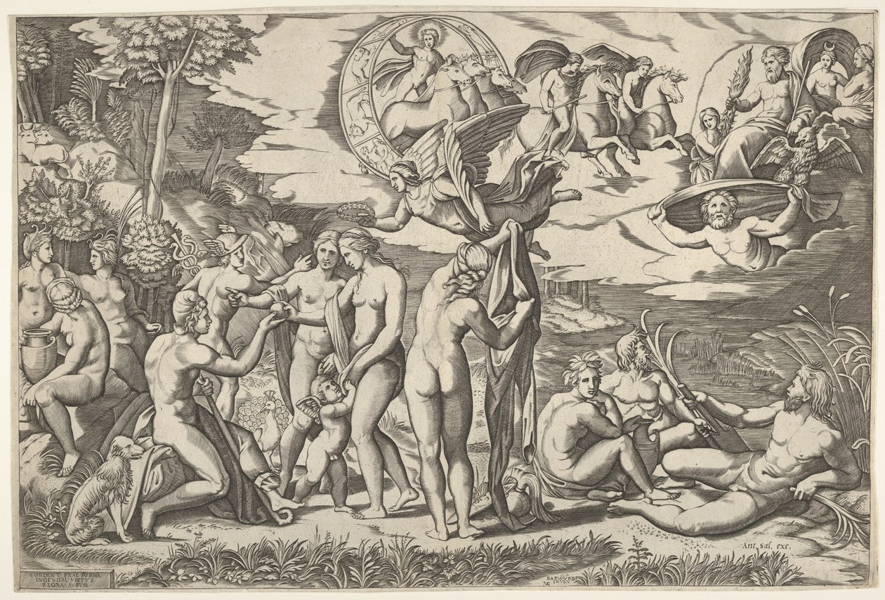 Paris dom: Paris sträcker ut sin hand mot Venus, som står mellan Juno och..., ca. 1520-50. av Marcantonio Raimondi