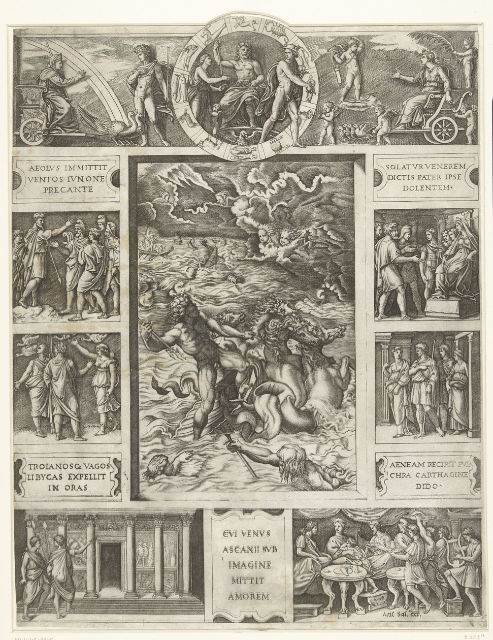 Jupiter stillar stormen till havs i rektangulär ram med nio scener från episka Aeneid av Marcantonio Raimondi