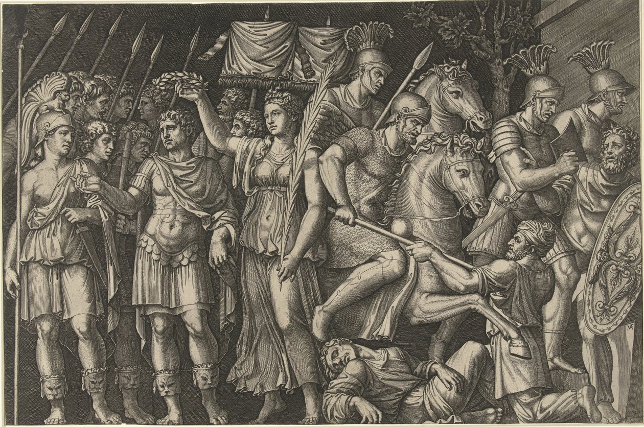 Kejsar Trajanus krönt av Victoria står bredvid kvinnlig personifiering av Rom och romarna i strid med Dacians av Marcantonio Raimondi