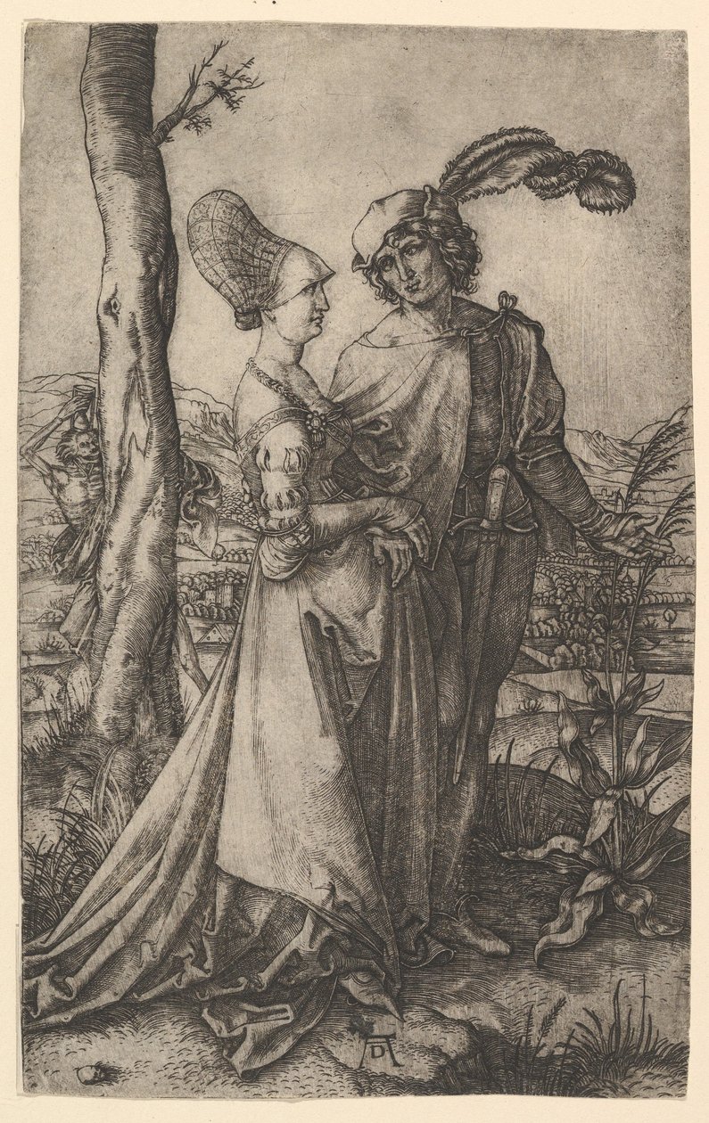Herre och dam går med dödsfigur gömmer sig bakom ett träd, håller en timme..., ca. 1500-1534. av Marcantonio Raimondi
