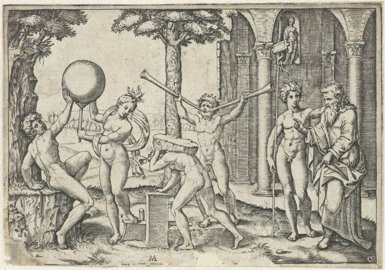Man med två trumpeter och man med sten på ryggen flankerad av man och kvinna med jordklot och gammal och ung man av Marcantonio Raimondi