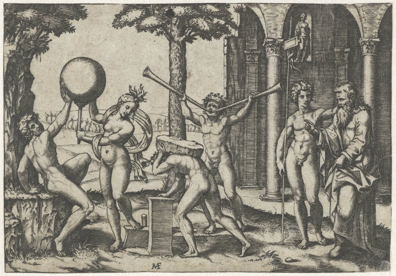 Man med två trumpeter och man med sten på ryggen flankerad av man och kvinna med jordklot och gammal och ung man av Marcantonio Raimondi