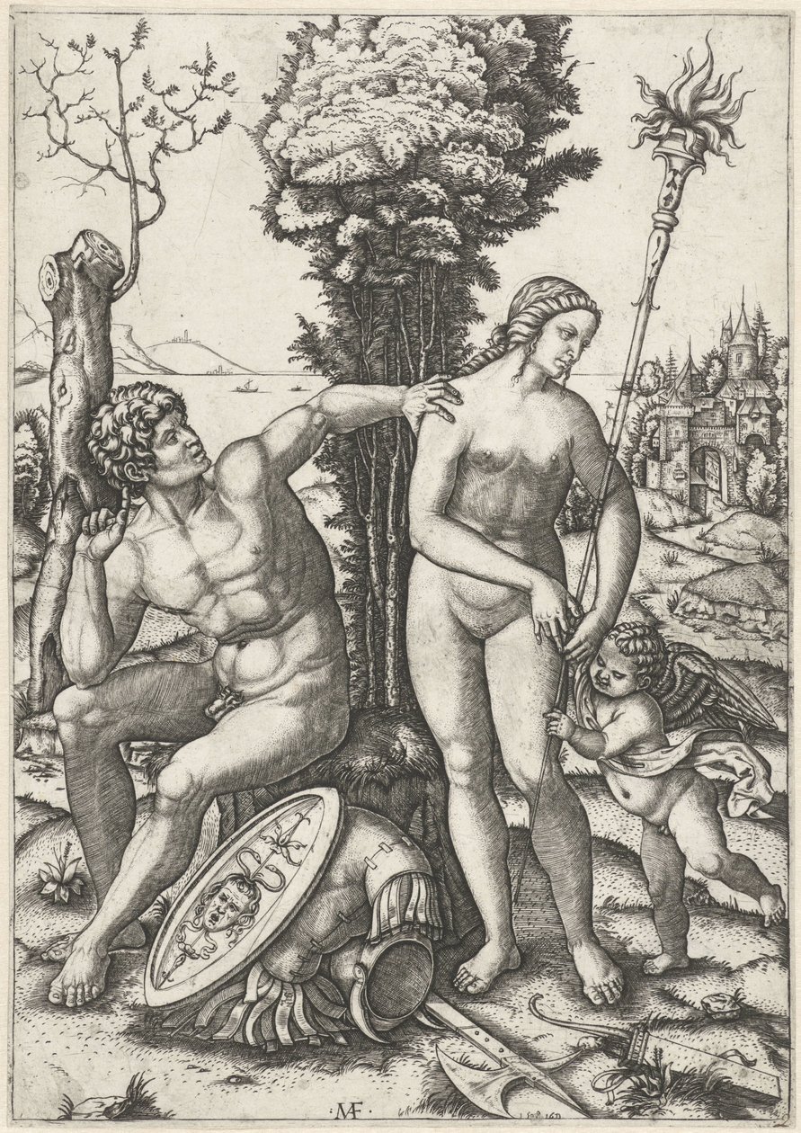 Mars och Venus som ett kärlekspar med Amor av Marcantonio Raimondi