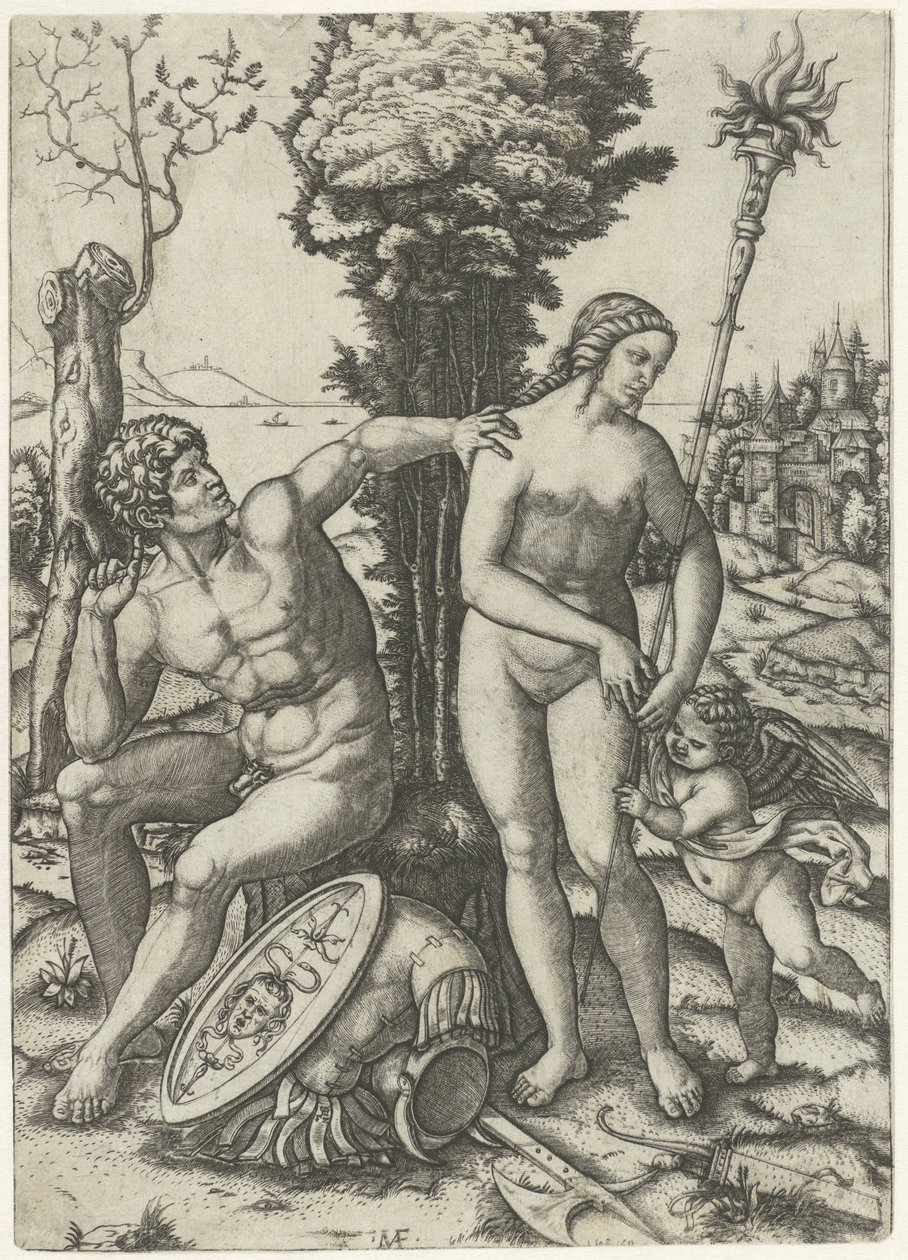 Mars och Venus som ett kärlekspar med Amor av Marcantonio Raimondi