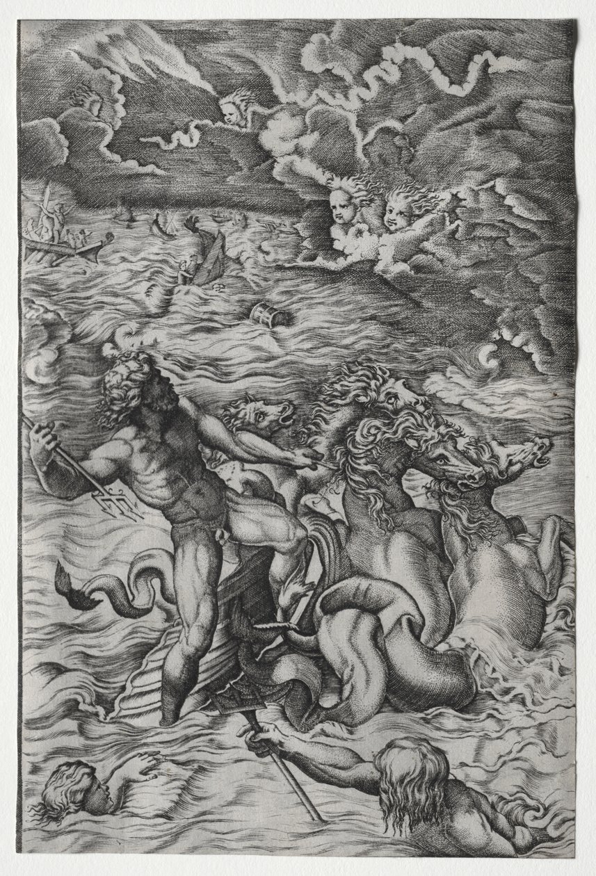 Neptunus lugnar stormen som Aeolus reste mot Aeneas flotta av Marcantonio Raimondi