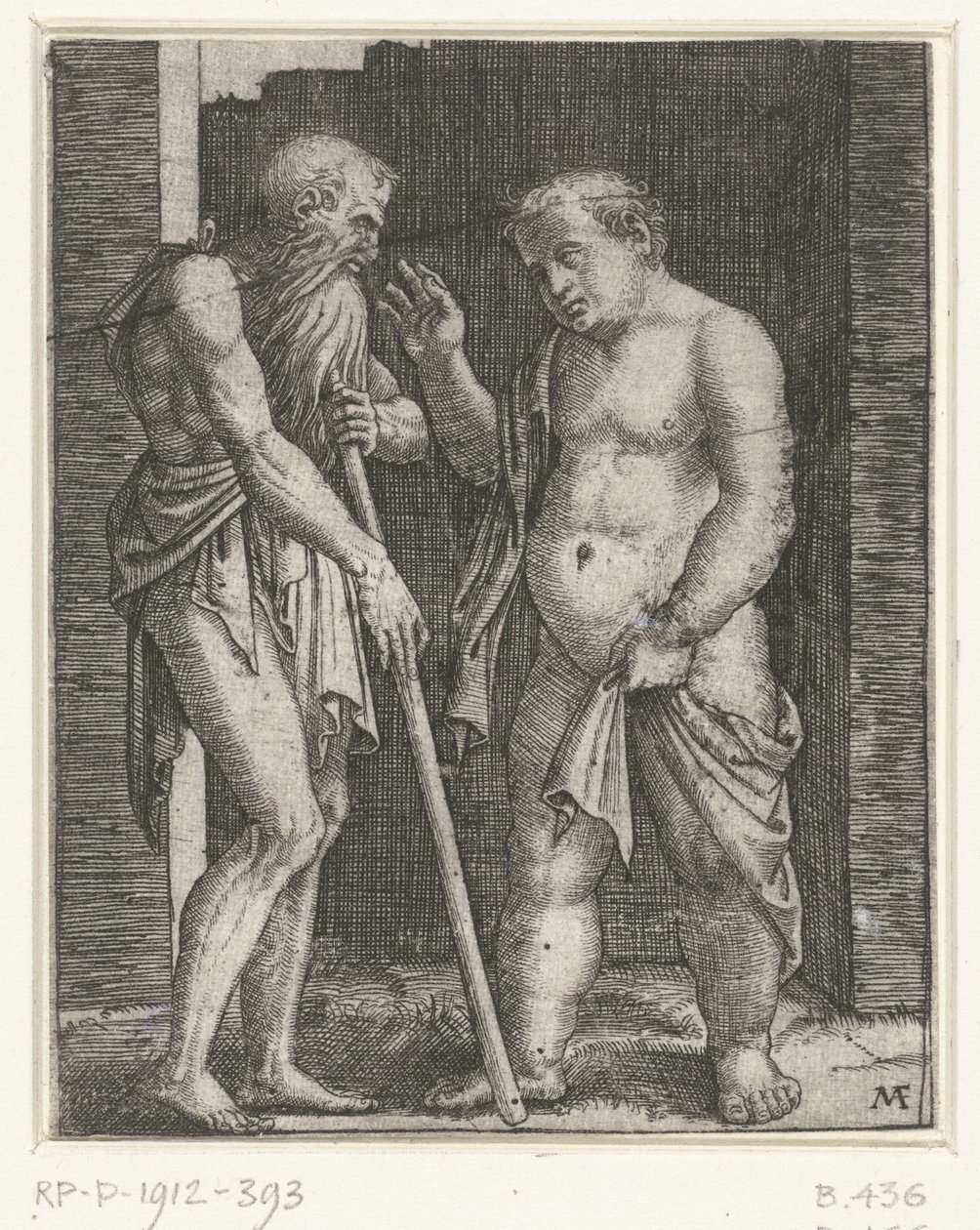 Gammal man lutad på pinne och gestikulerande ung fet man av Marcantonio Raimondi
