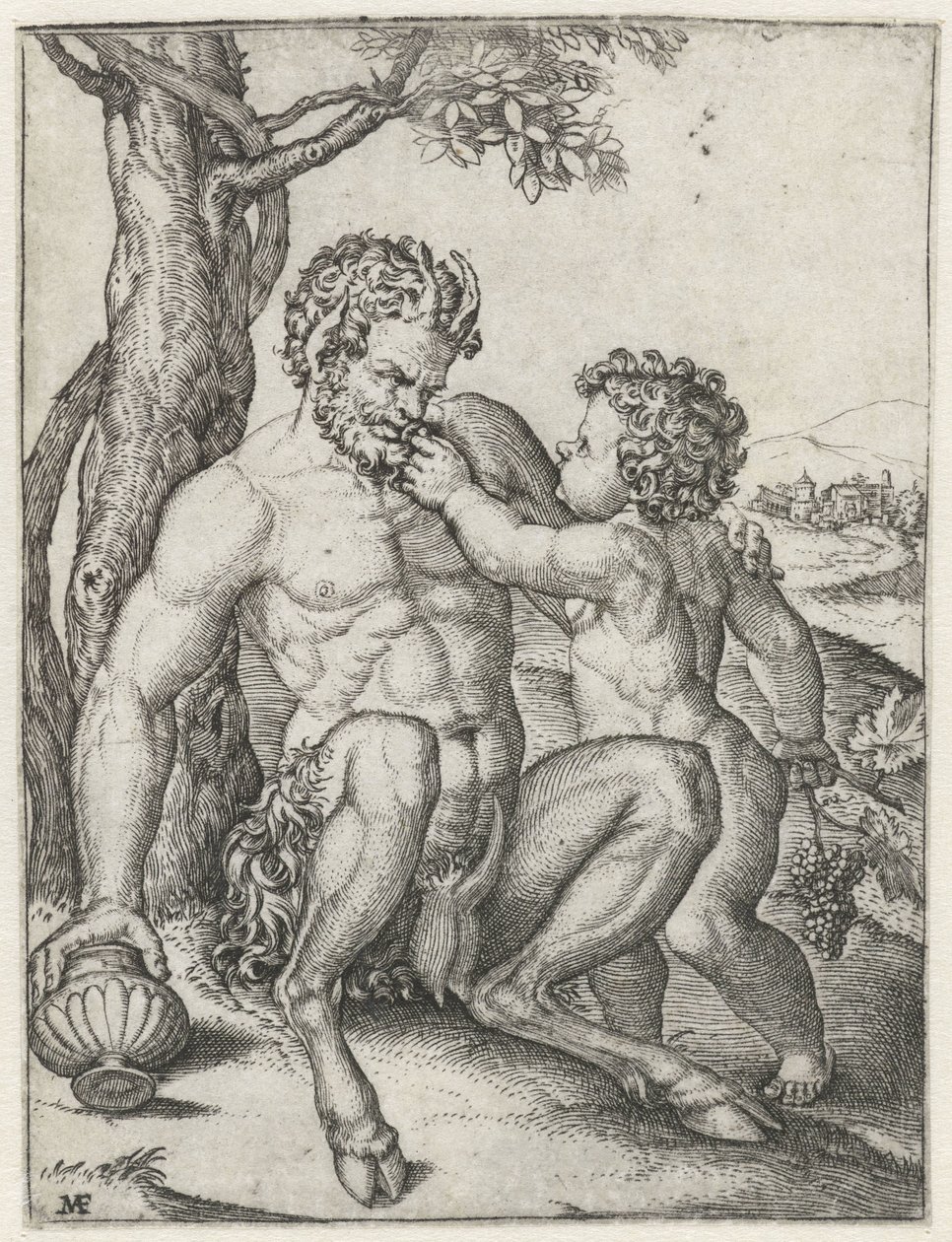 Pan med drickskopp och Bacchus som barn med en klase vindruvor av Marcantonio Raimondi