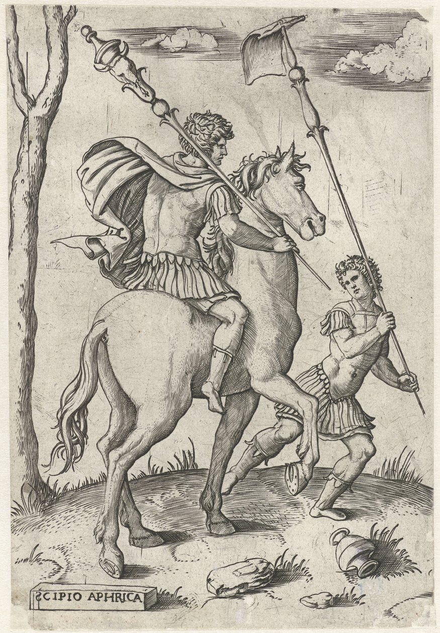 Romerska generalerna Scipio Africanus Maior till häst och Scipio Africanus Minor Romerska hjältar till häst (serietitel) av Marcantonio Raimondi