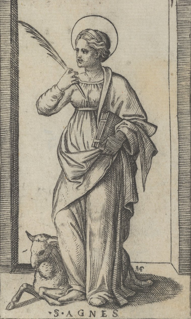 Saint Agnes står och håller en handflata i sin högra hand, ett får nere till vänster, från..., ca. 1500-1527. av Marcantonio Raimondi