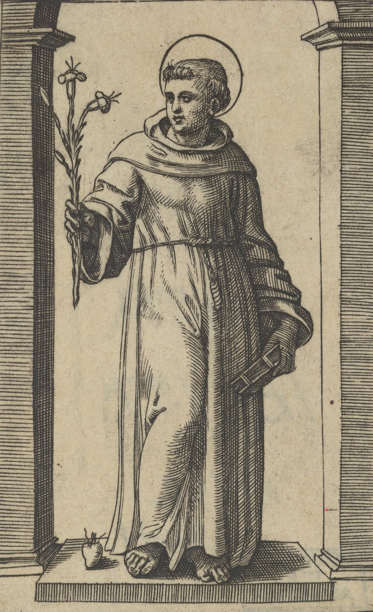 Sankt Antonius av Padua stående, liljor i sin upphöjda högra hand, en bok i sin ..., ca. 1500-1527. av Marcantonio Raimondi