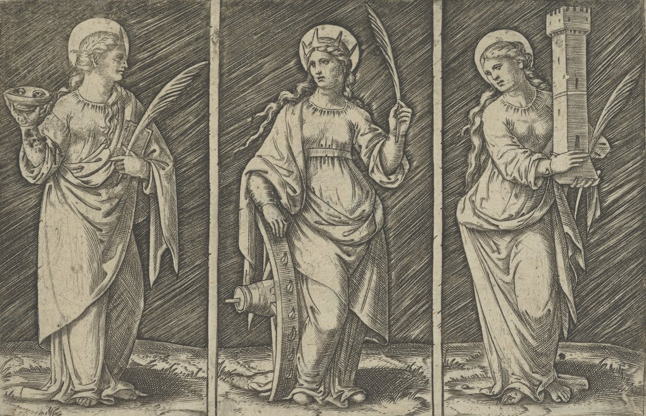 Saint Barbara vänster, Saint Catherine, mitten, Saint Lucy höger, ca. 1500-1527., ca. 1500-1527. av Marcantonio Raimondi