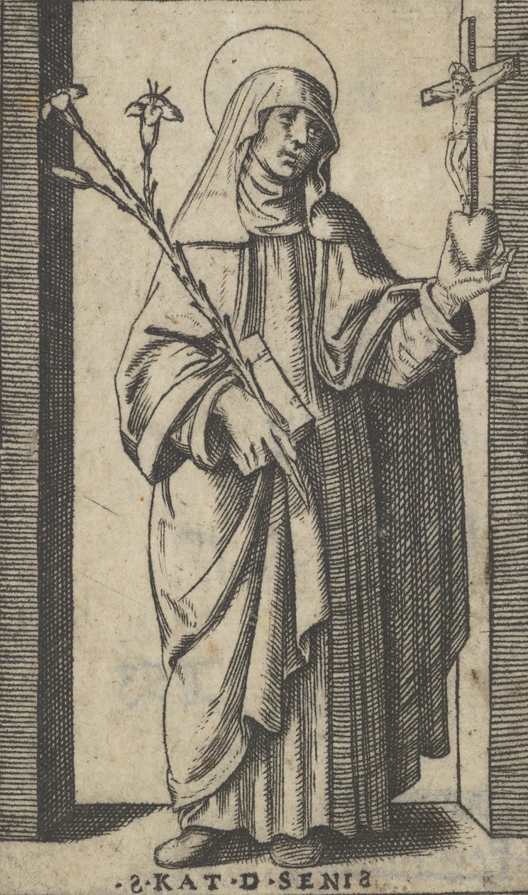 Den heliga Katarina av Siena står och håller blommor och bok i sin högra hand, en h..., ca. 1500-1527. av Marcantonio Raimondi