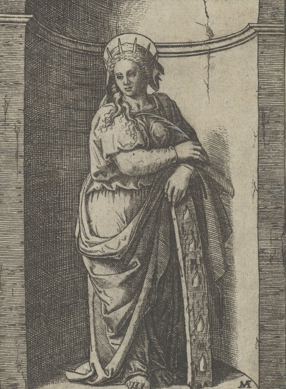 Saint Catherine stående i en nisch, vilande på ett hjul, hennes tortyrinstrument..., ca. 1500-1527. av Marcantonio Raimondi