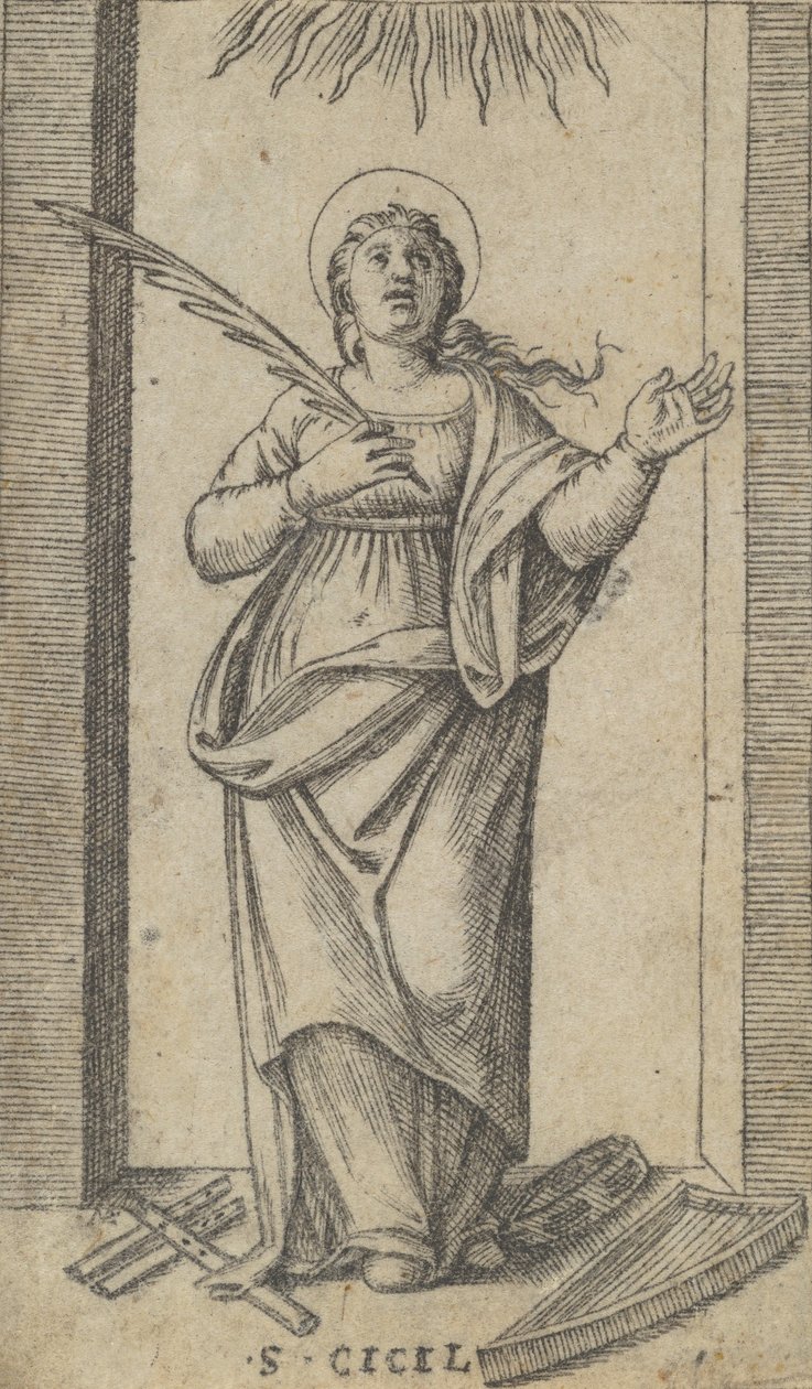 Den heliga Cecilia står och håller en martyrpalm i sin högra hand, från havet..., ca. 1500-1527. av Marcantonio Raimondi