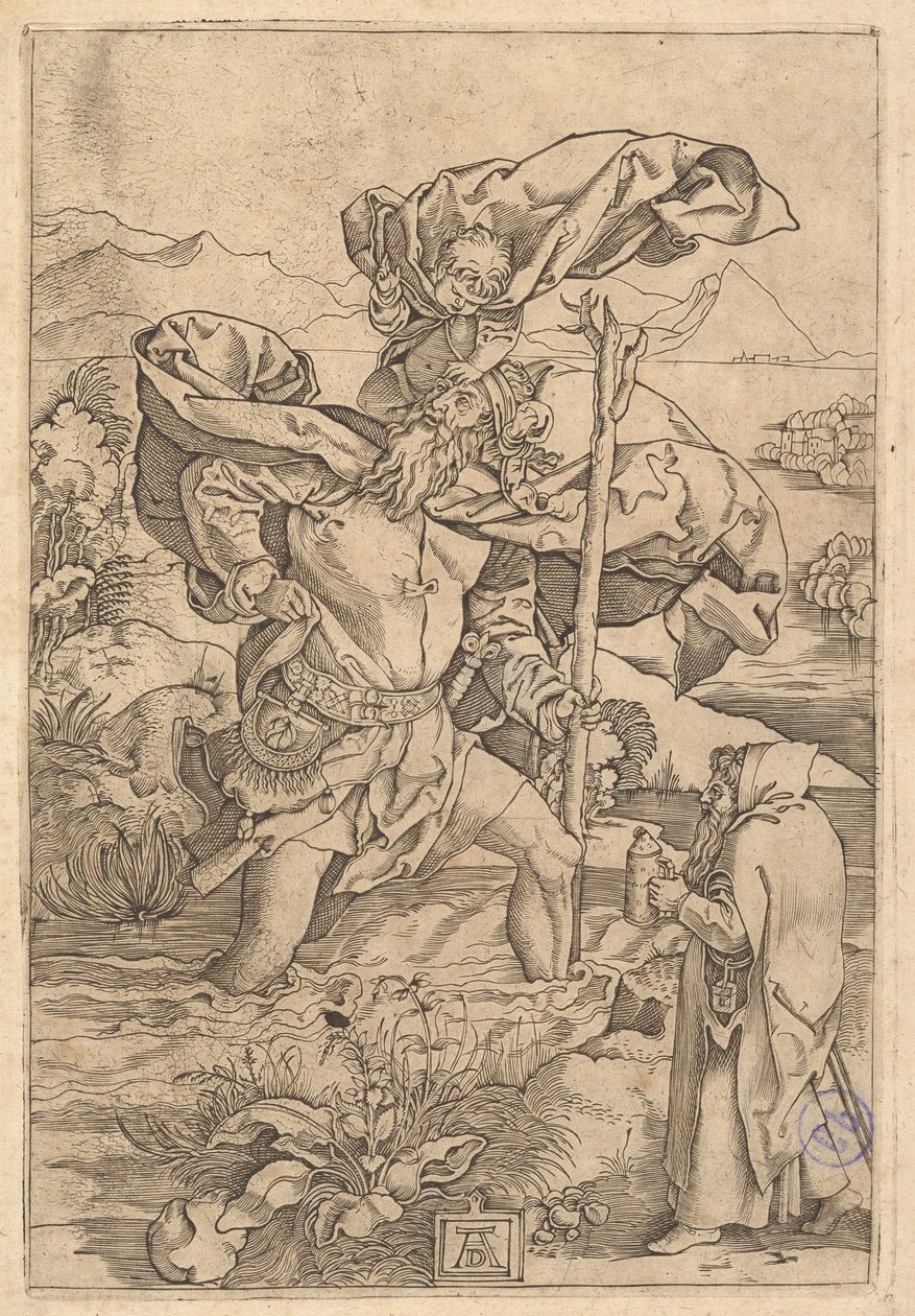 Saint Christopher korsar floden med Kristus i form av en putto på hans sh..., ca. 1500-1534. av Marcantonio Raimondi