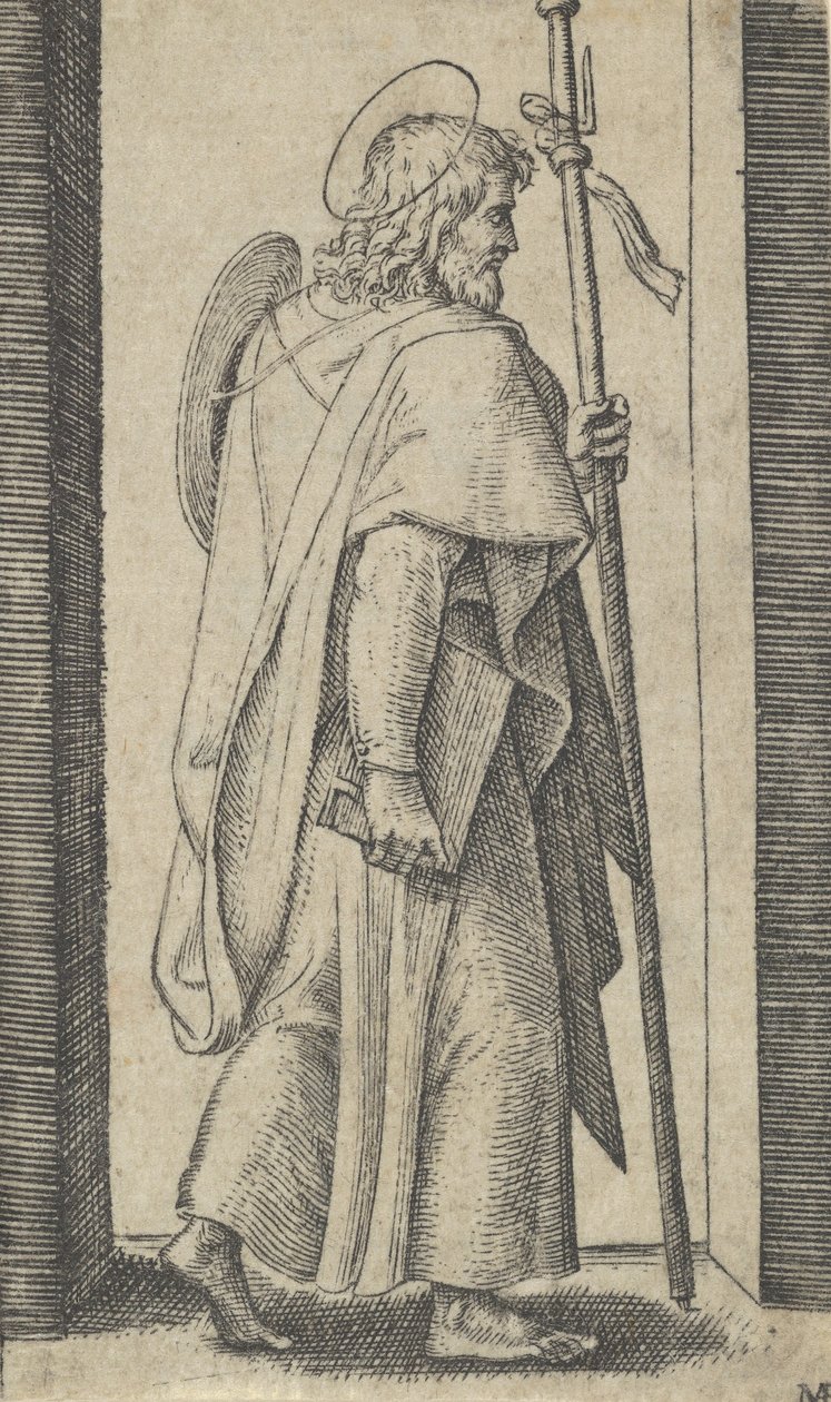 Saint James Major, boken är hans högra hand, staven i hans vänstra vända höger, från t..., ca. 1500-1527. av Marcantonio Raimondi