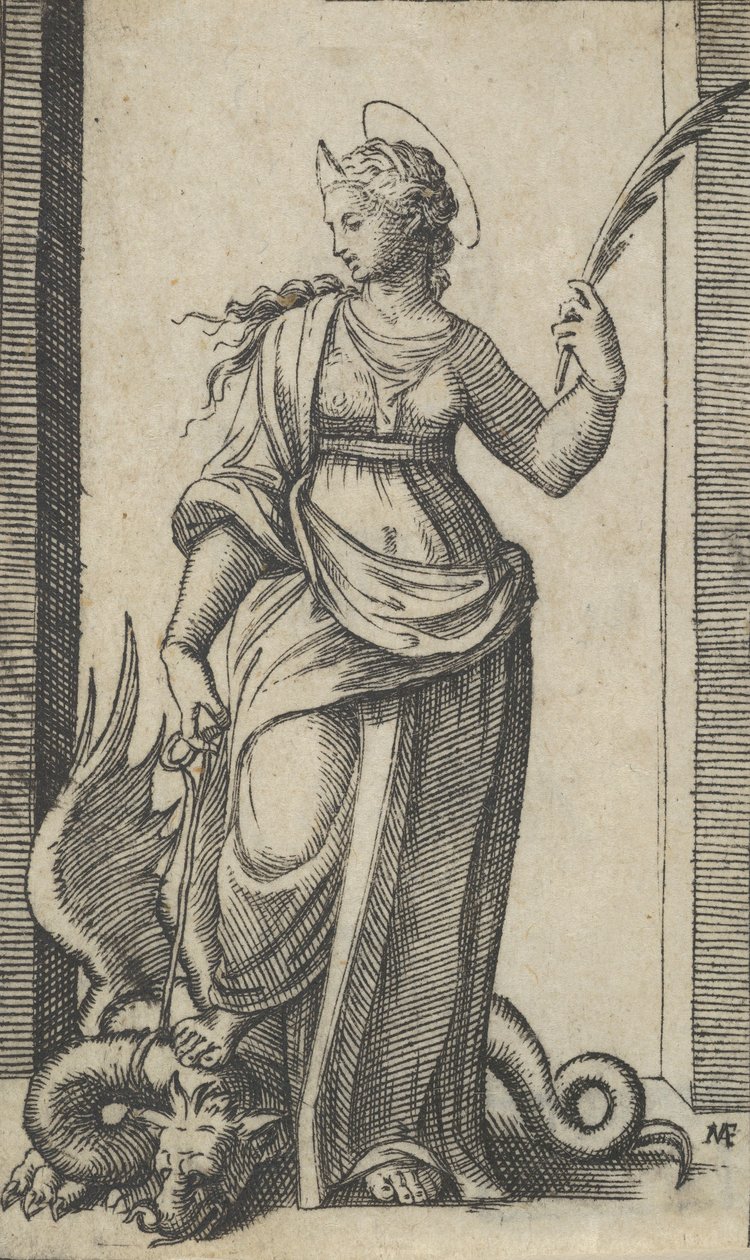 Saint Margaret stående, en drake till vänster, från serien 