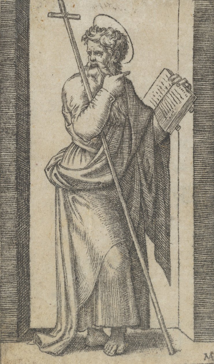 Sankt Filip, bok i vänster hand, stav vilande på hans vänstra arm, från serie..., ca. 1500-1527. av Marcantonio Raimondi