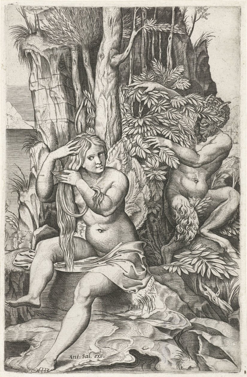 Satyr tittar på en nymf under hennes toalett Pan och Syrinx av Marcantonio Raimondi