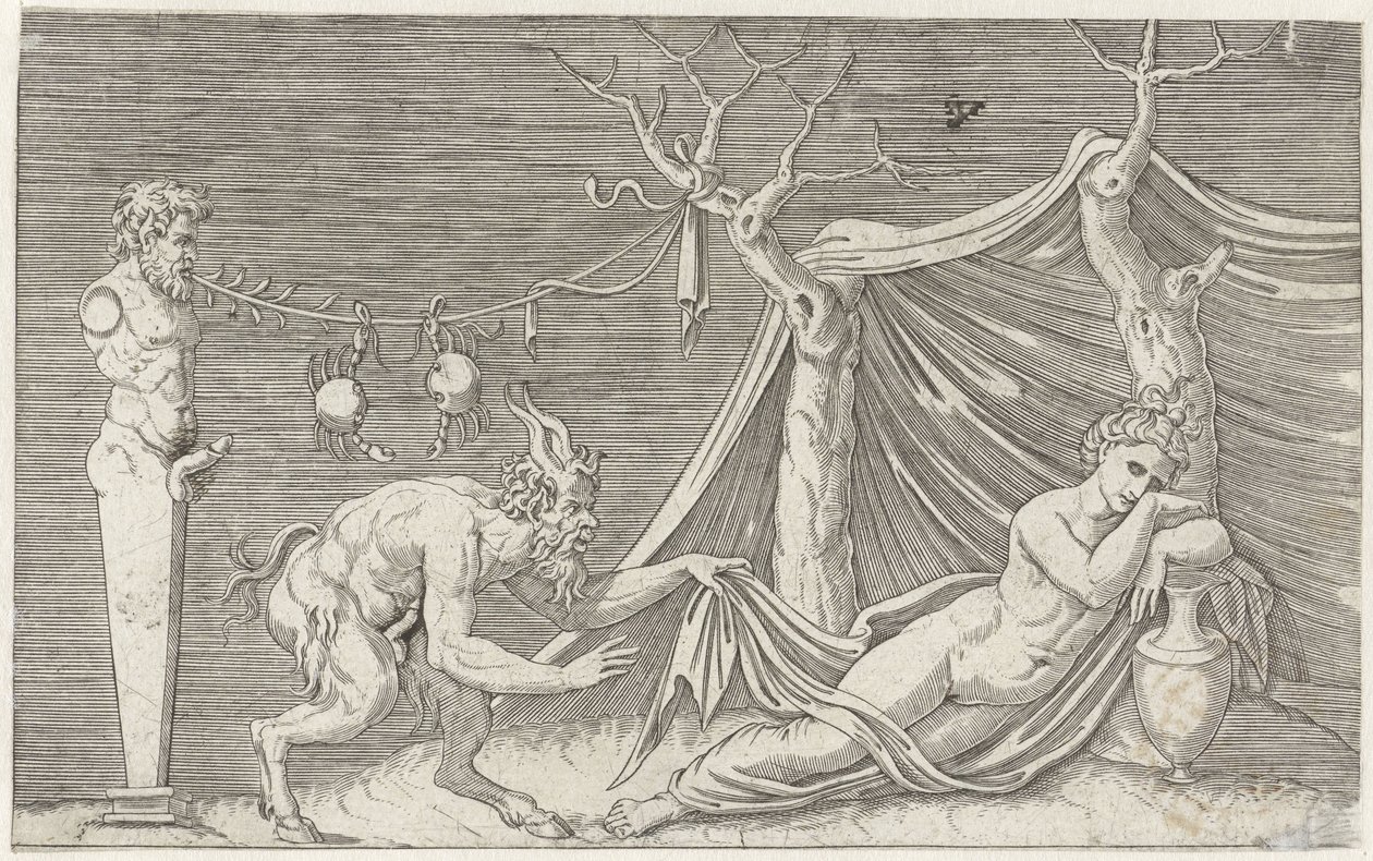 Satyr förföljer en sovande nymf Mytologiska representationer efter antika basreliefer (serietitel) av Marcantonio Raimondi