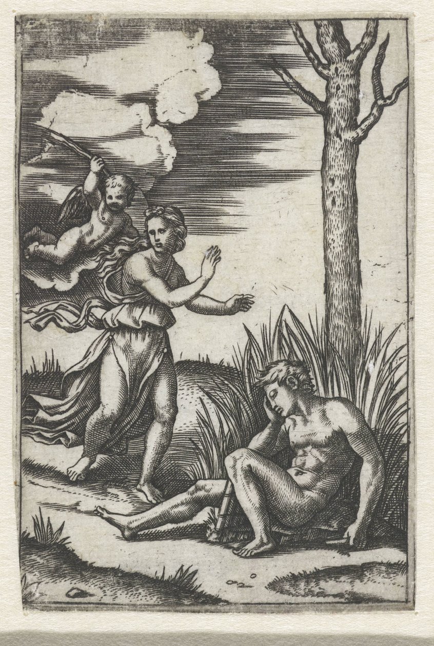 Sovande man och nymf jagade av Amor av Marcantonio Raimondi