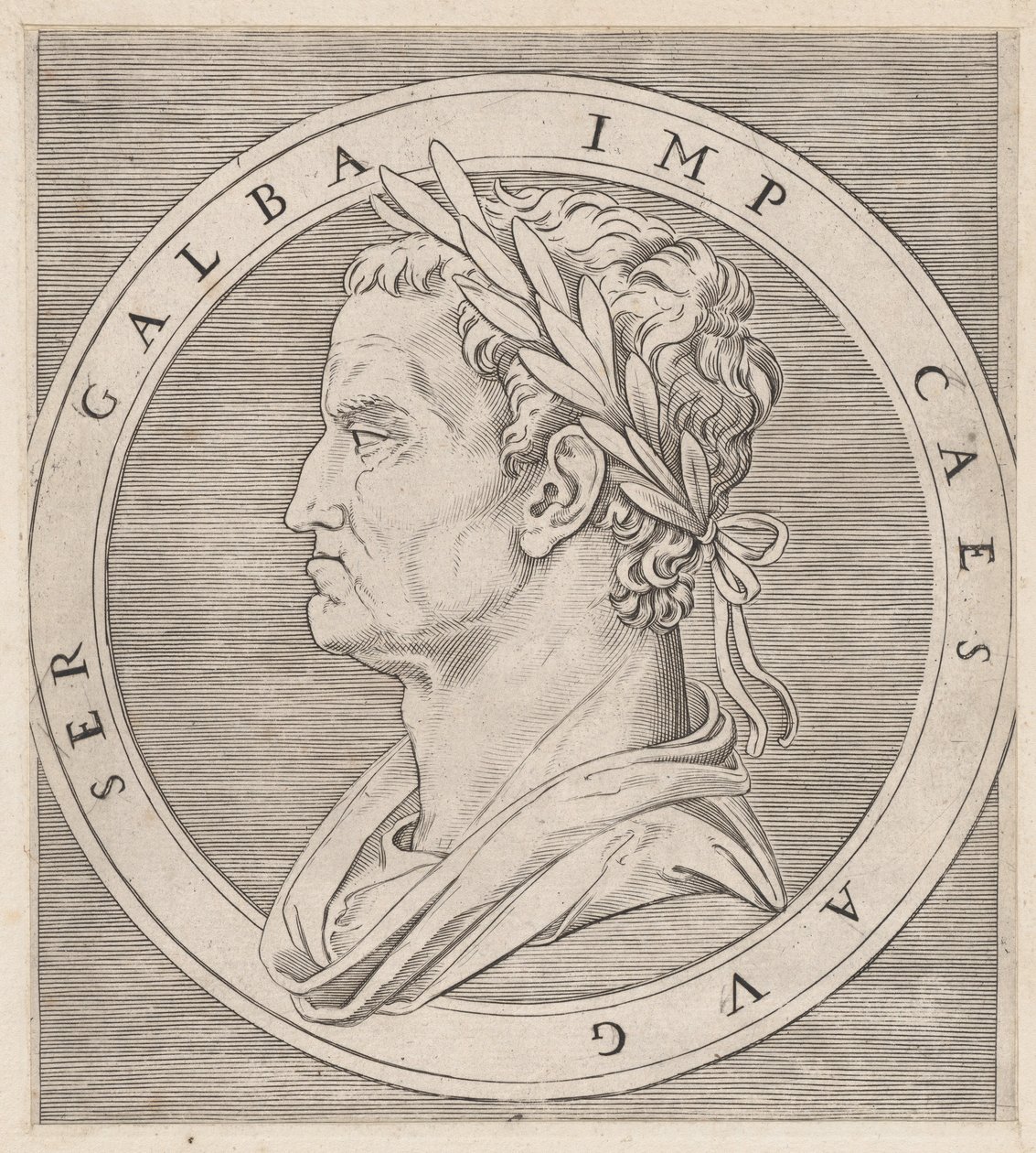Mirror of Roman Magnificence: Galba, från The Twelve Caesars, ca. 1500-1534., ca. 1500-1534. av Marcantonio Raimondi