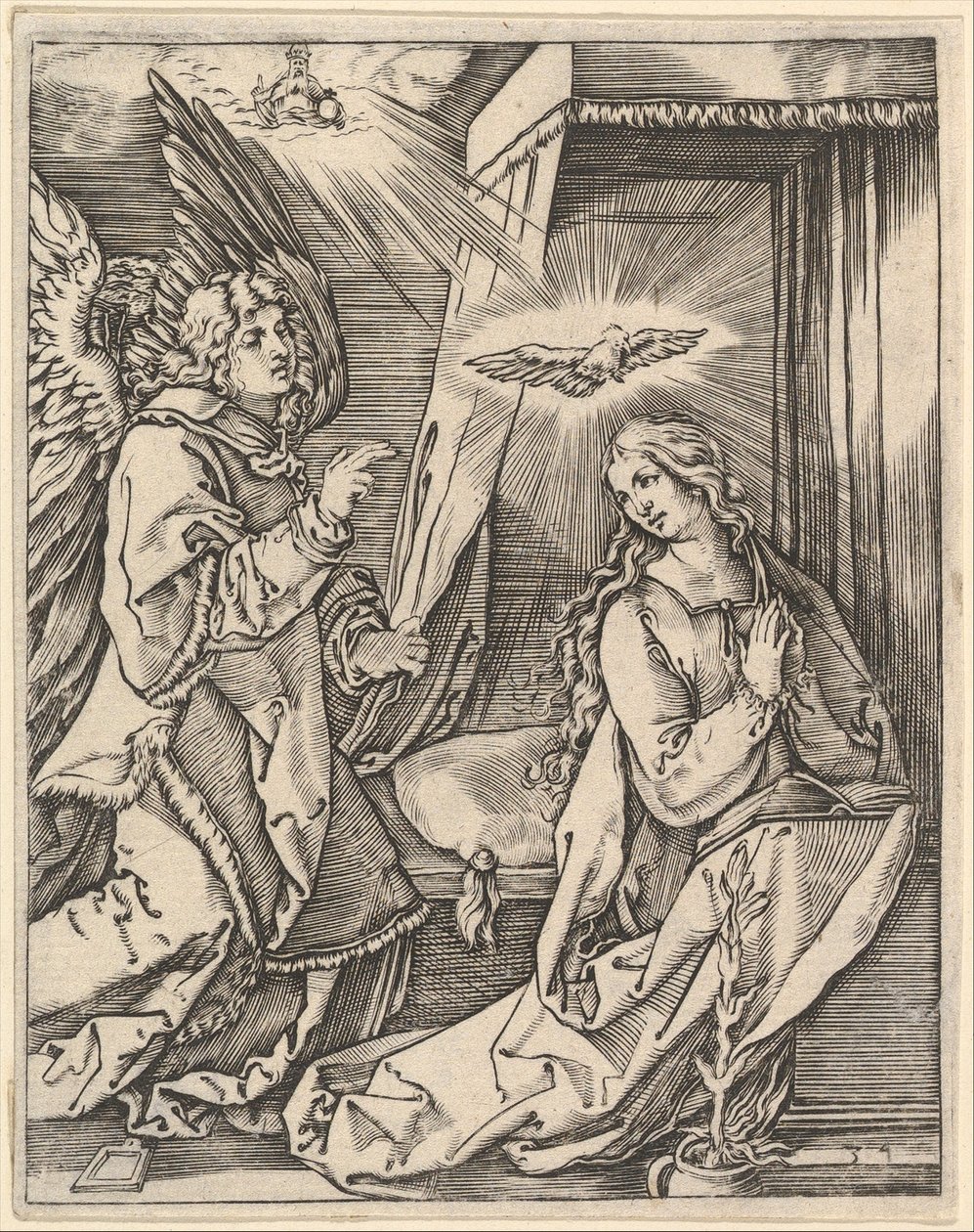 Bebådelsen, till vänster närmar sig ärkeängeln Gabriel den bedjande jungfrun..., ca. 1500-1534. av Marcantonio Raimondi