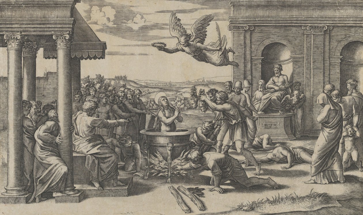 Sankta Cecilias martyrskap stående naken i en stor kittel, till vänster under..., ca. 1520-25. av Marcantonio Raimondi
