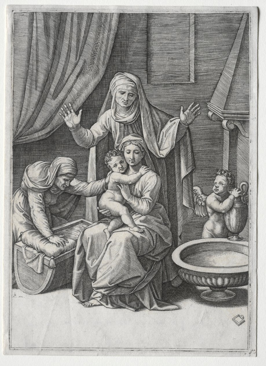 Jungfrun och vaggan med den heliga Elisabeth och den heliga Anna, 1520. av Marcantonio Raimondi
