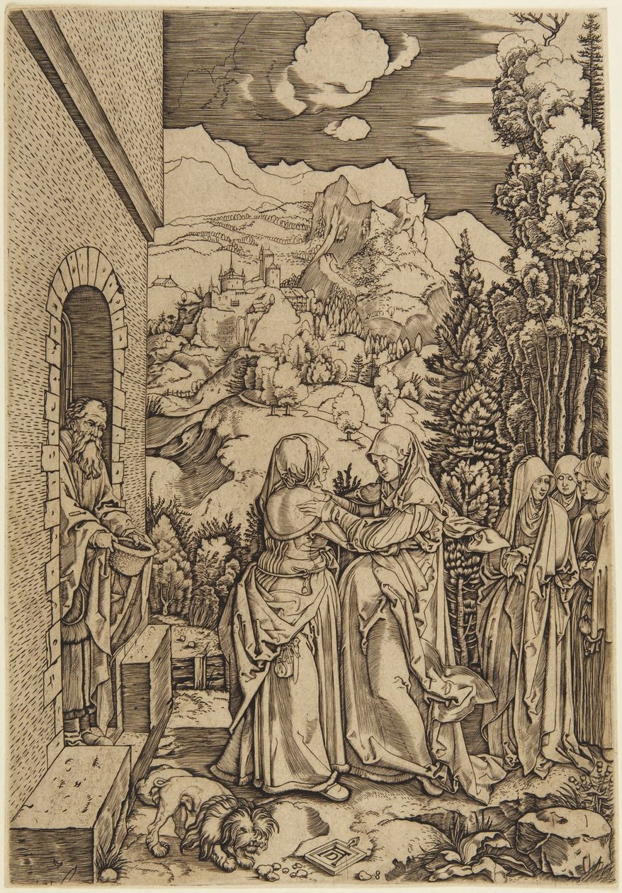 Marie besök hos Elisabet, plansch 8 ur Jungfru Marias liv av Marcantonio Raimondi