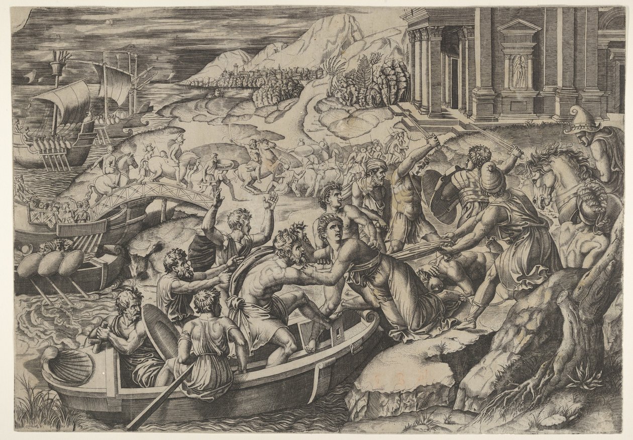 Bortförandet av Helen, stridsscen på en strand med två män som drar Helen in i en b..., ca. 1520-27. av Marcantonio Raimondi
