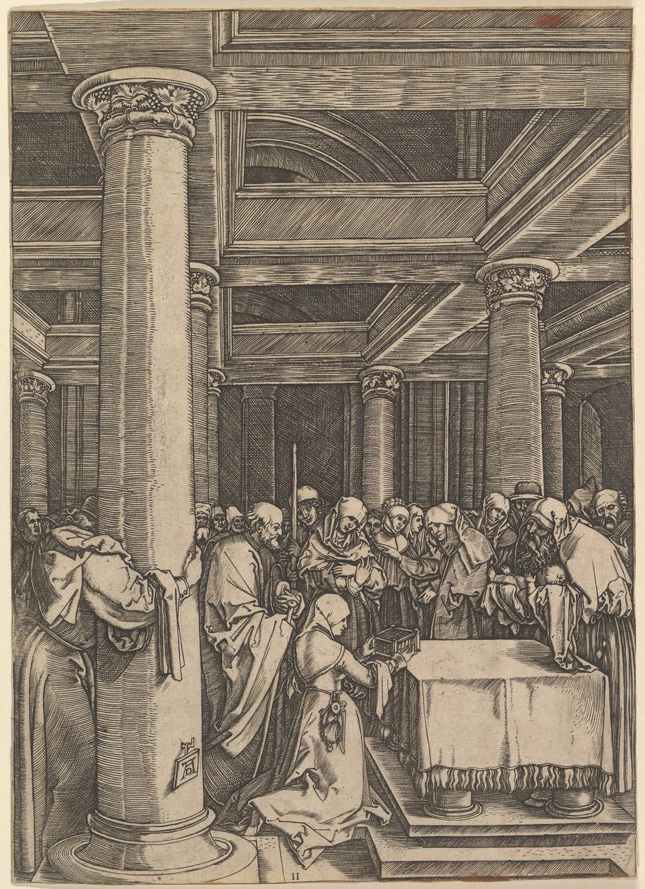 Presentationen av Jesus för Simeon i templet, efter Dürer, ca. 1500-1534. av Marcantonio Raimondi