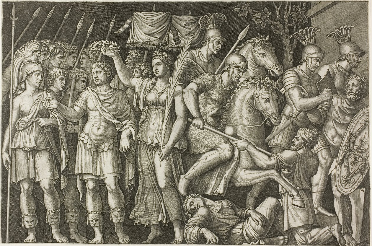 Trajanus krönt av seger av Marcantonio Raimondi