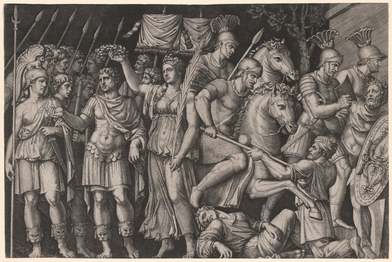 Trajanus krönt av seger av Marcantonio Raimondi