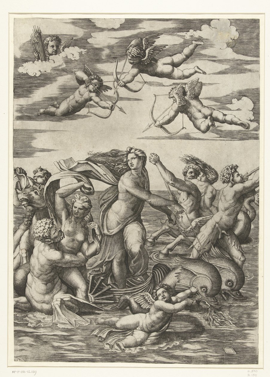 Triomf van Galatea mötte tritons i nereïden in putti av Marcantonio Raimondi