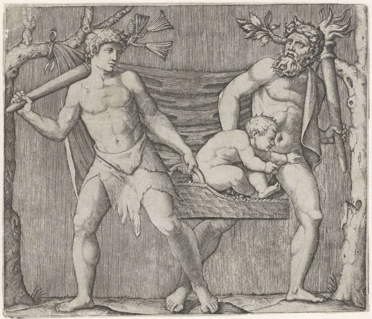 Två fauner bär ett barn i en korg av Marcantonio Raimondi