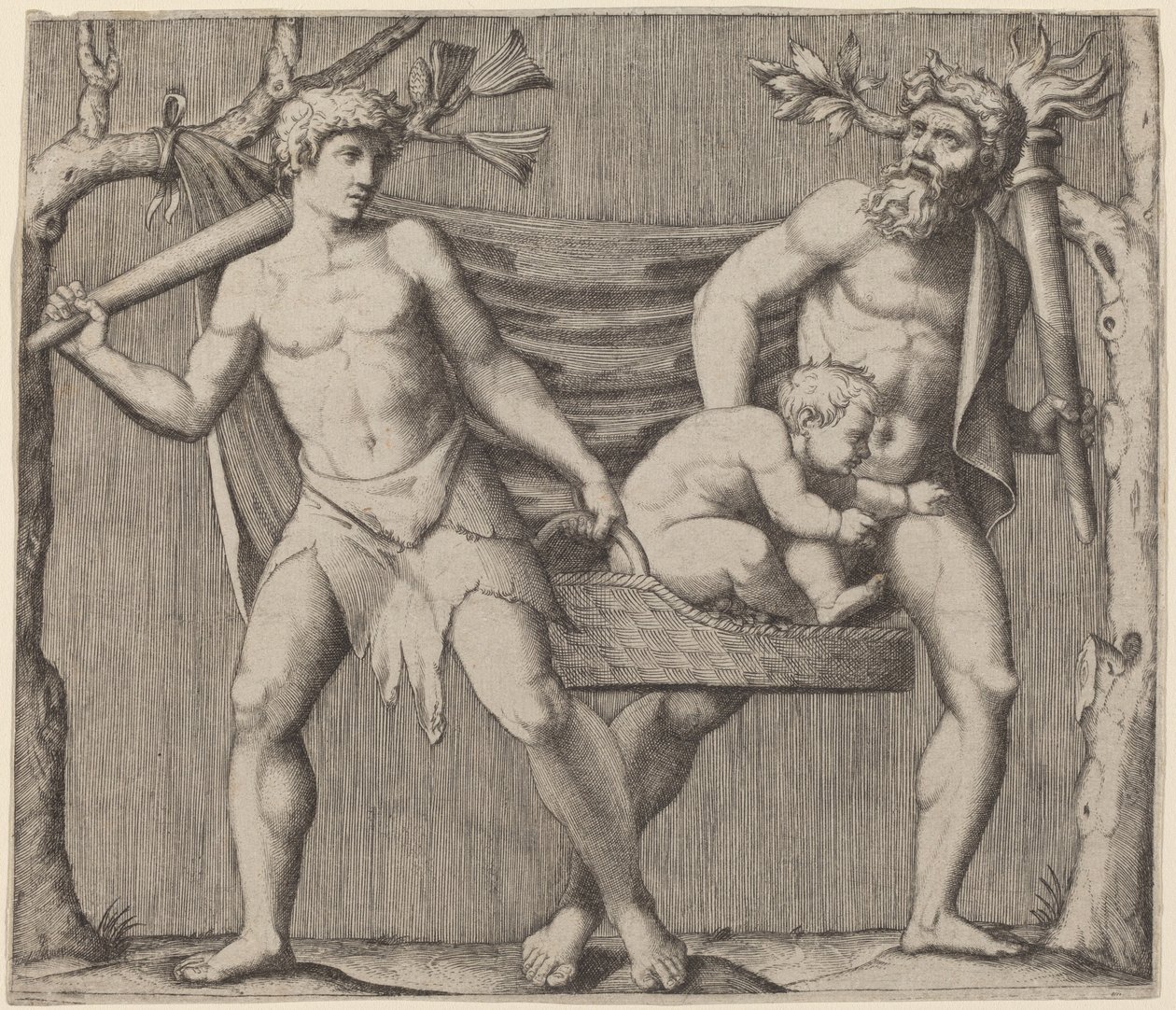 Två fauner som bär ett barn av Marcantonio Raimondi