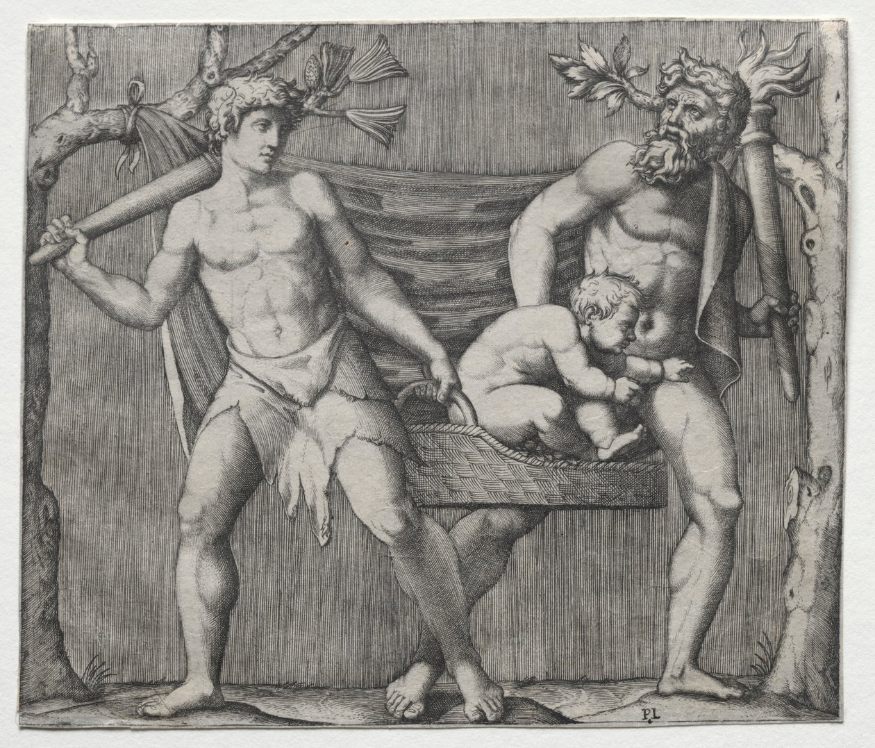 Två fauner som bär ett barn i en korg av Marcantonio Raimondi