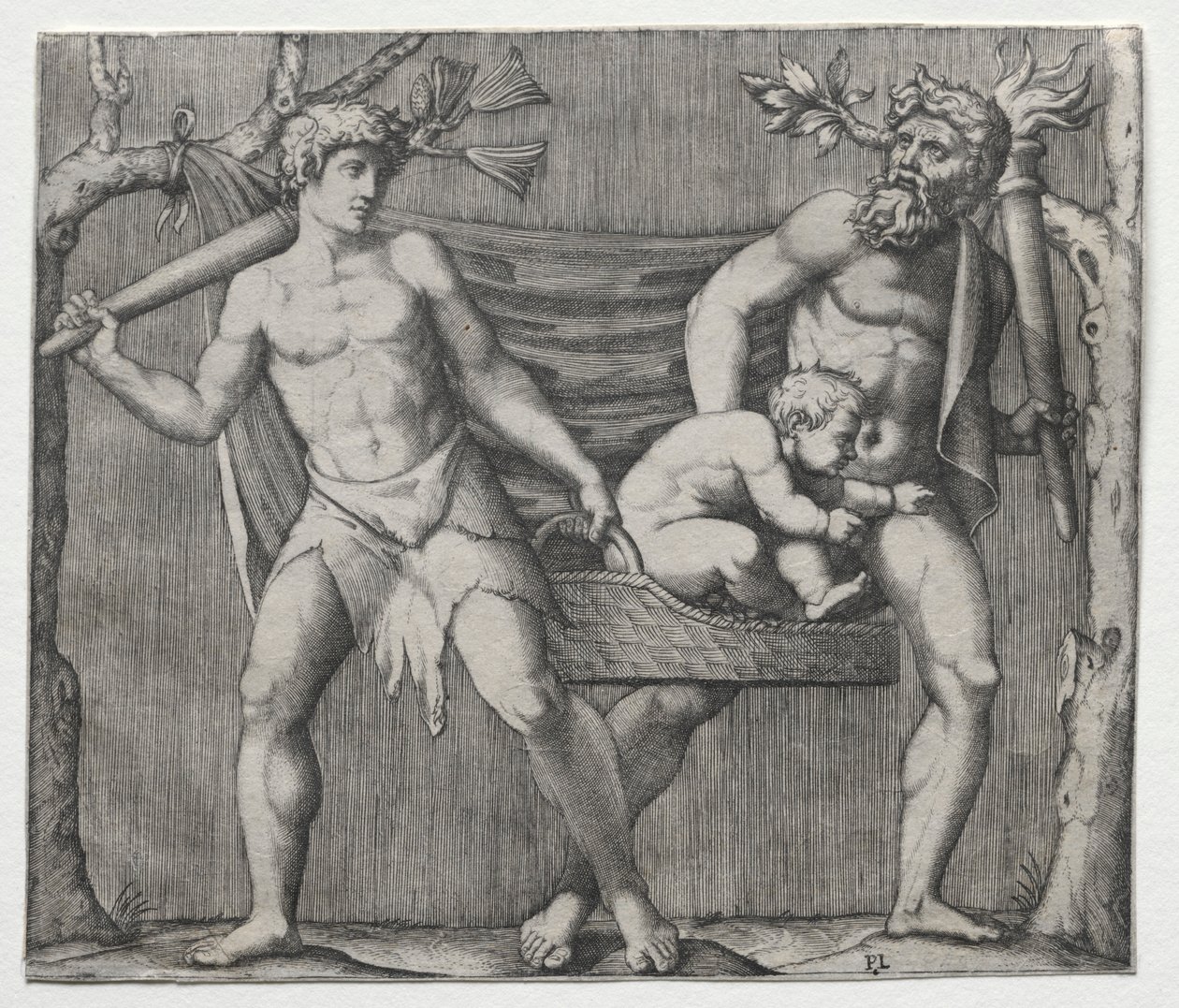 Två fauner som bär ett barn i en korg, ca. 1513-1515. av Marcantonio Raimondi