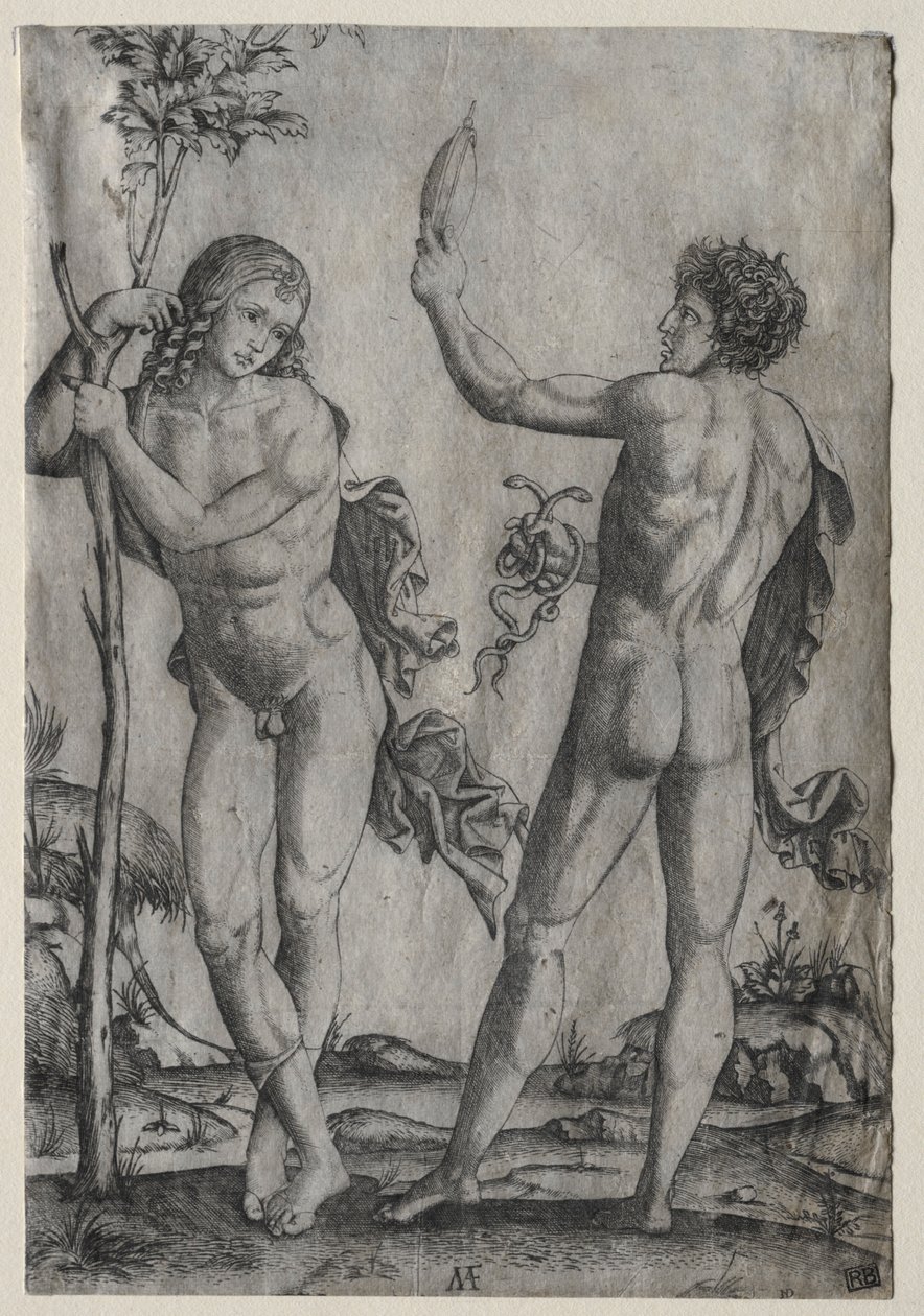 Två nakna män bredvid ett träd. av Marcantonio Raimondi
