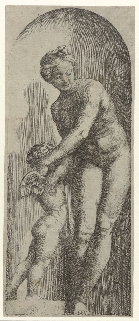 Venus och Amor står i nisch av Marcantonio Raimondi