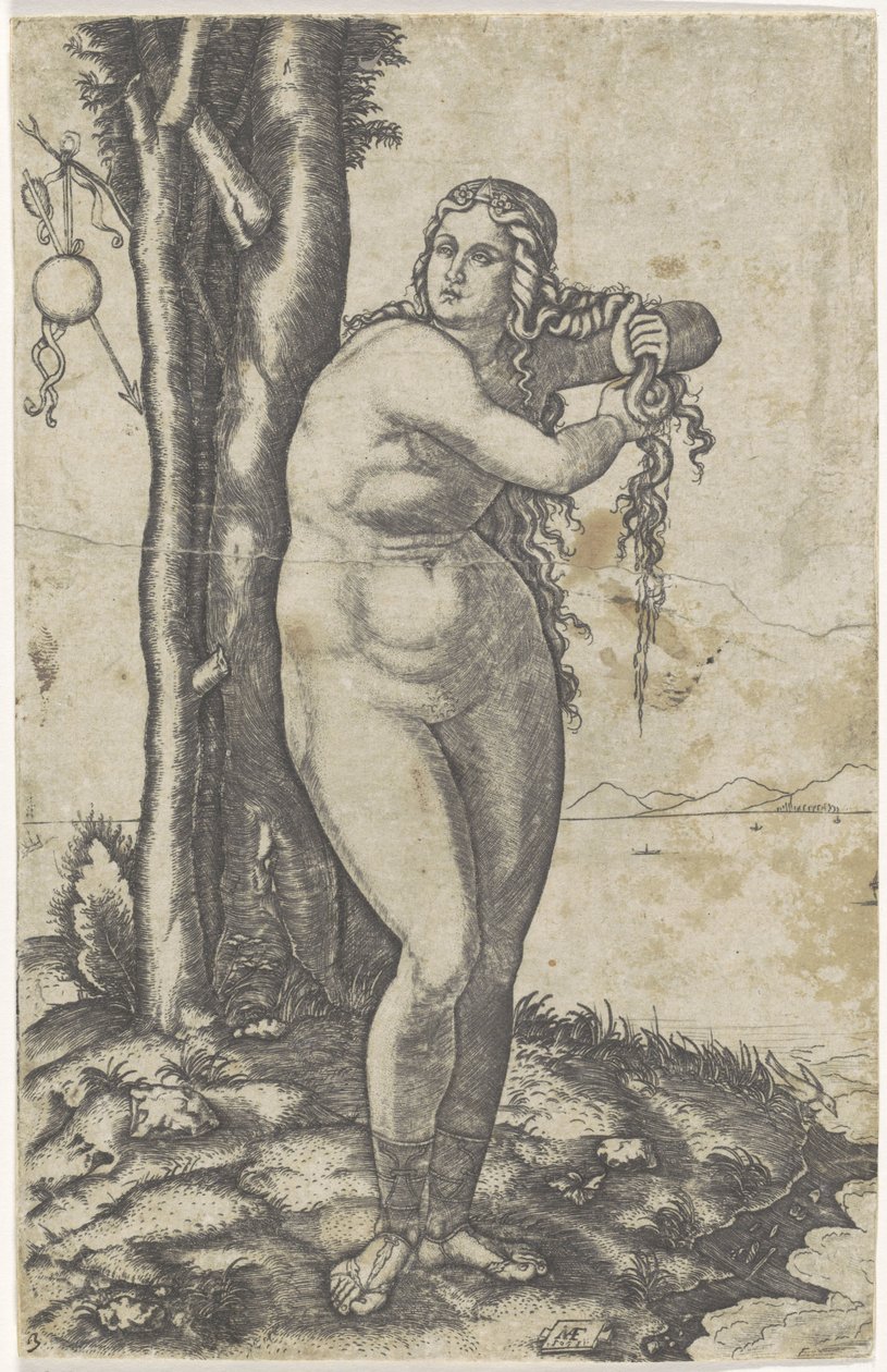 Venus står vid vattenbrynet och vrider vatten ur håret Venus födelse av Marcantonio Raimondi