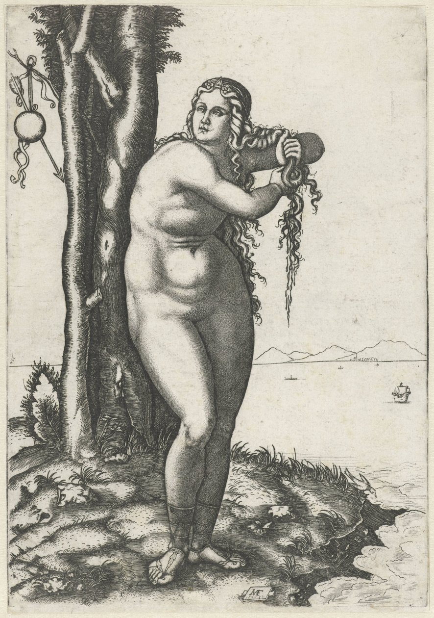 Venus står vid vattenbrynet och pressar vatten ur håret Venus födelse av Marcantonio Raimondi