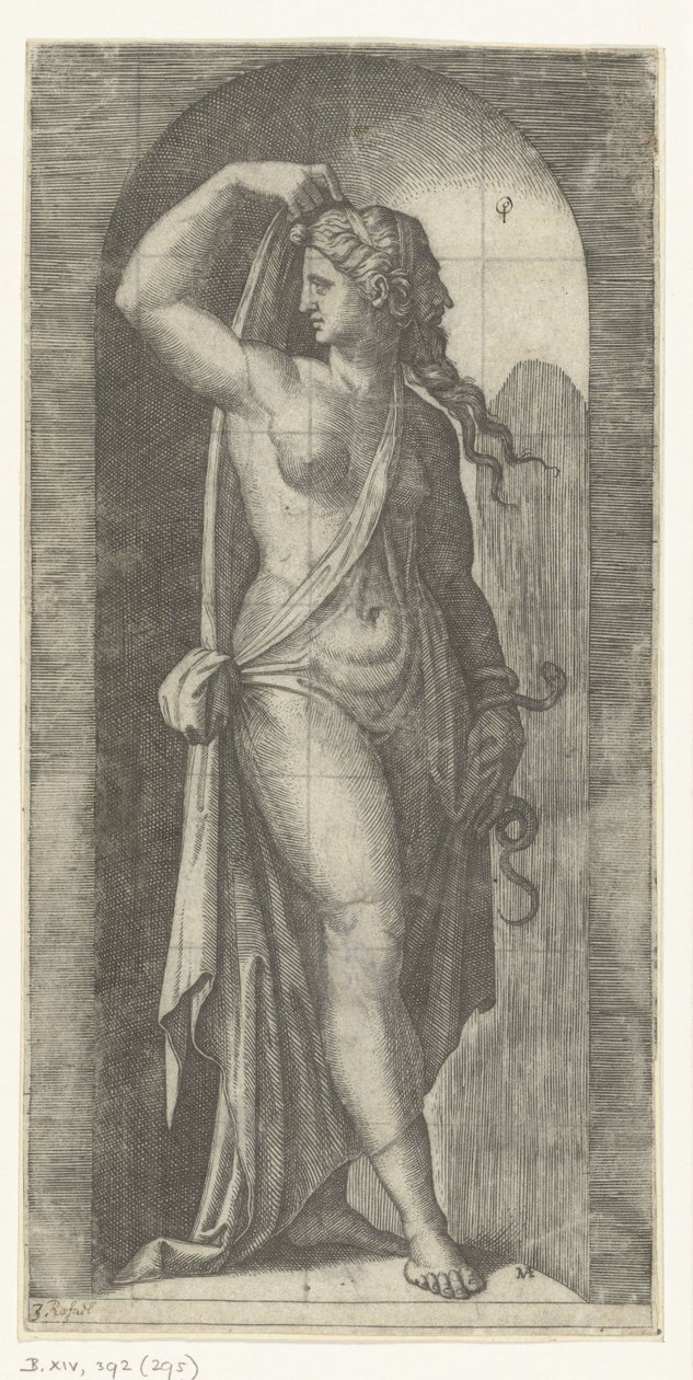 Kvinna som personifierar Prudence (Prudentia) med orm och mask Seven Virtues (serietitel) av Marcantonio Raimondi