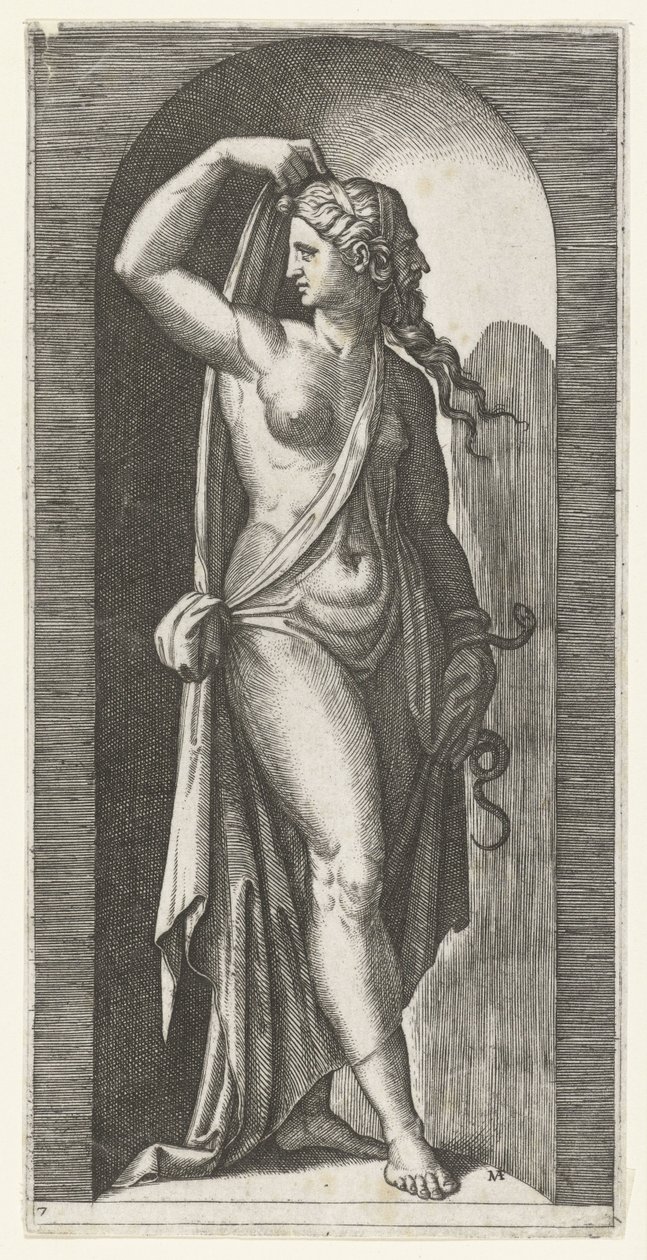 Kvinna som personifierar Prudence (Prudentia) med orm och mask Seven Virtues (serietitel) av Marcantonio Raimondi