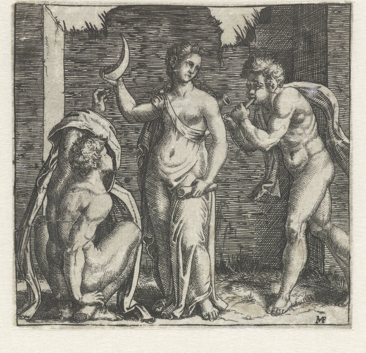 Kvinna med halvmåne flankerad av faun som blåser horn och man på huk av Marcantonio Raimondi