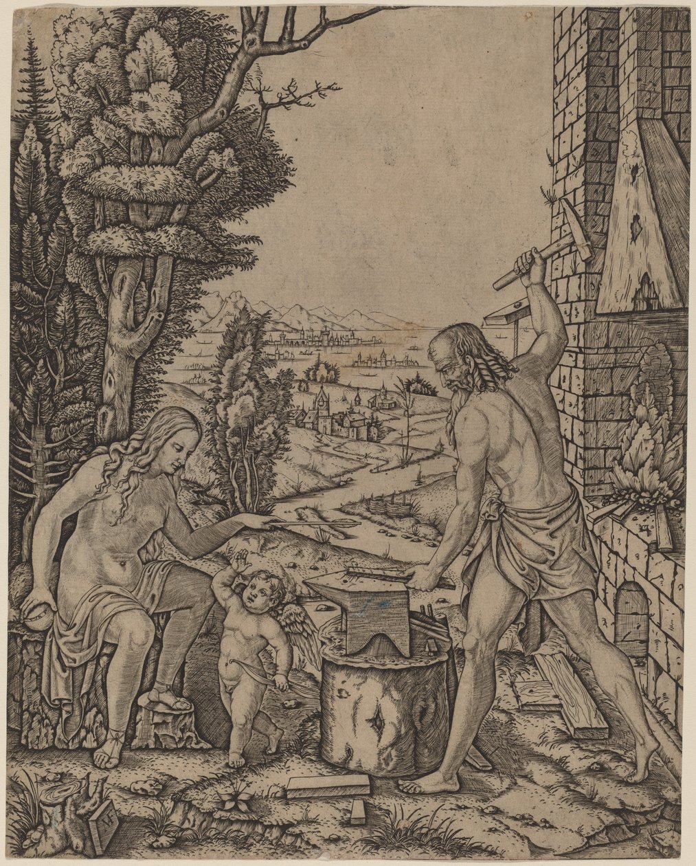 Vulcan, Venus och Eros av Marcantonio Raimondi