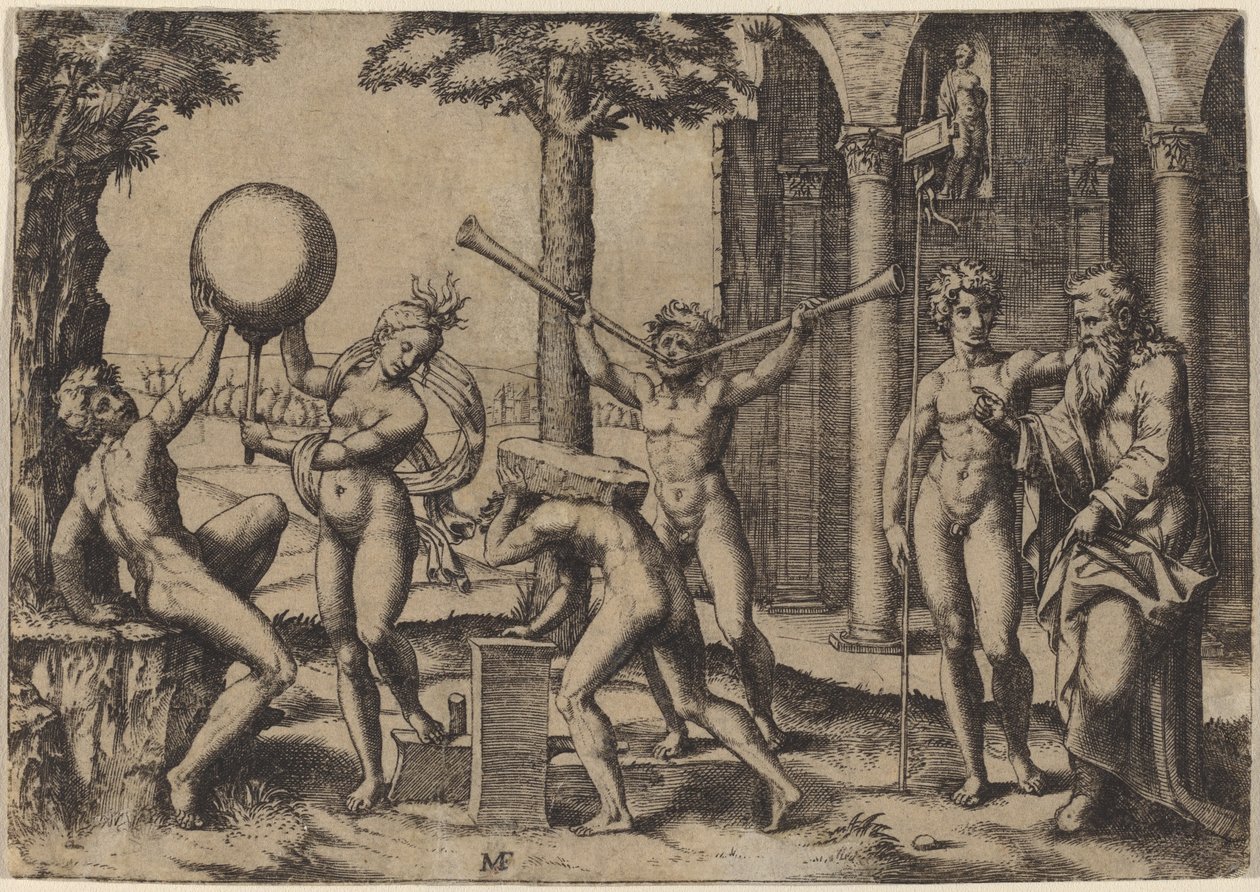 Mannen med två trumpeter av Marcantonio Raimondi after Baccio Bandinelli